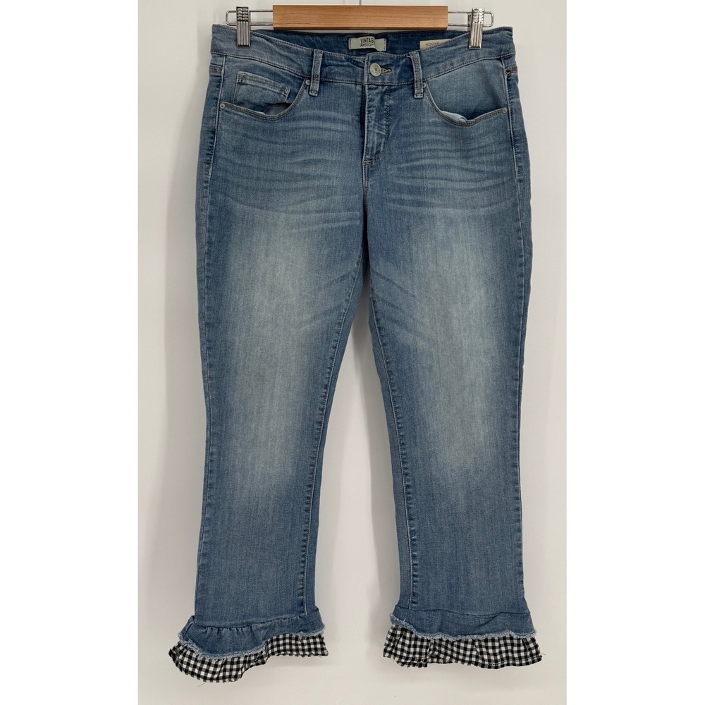 Vintage America Blues Wonderland Capri Jeans Ruffle Gingham Hem Womens Sz 8/29